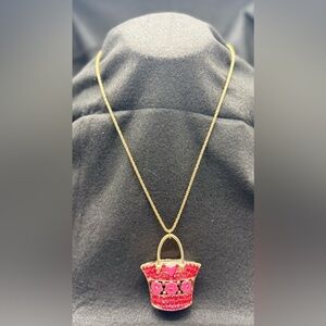 Vintage Betsey Johnson Red Crystal Purse Necklace Pink Floral Heart Enamel Rare